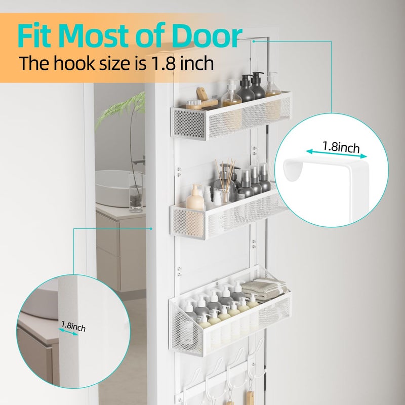Upesitom Over Door Hook Organizer 12 Hook Over The Door Organizer with 3 Mesh Baskets - Back of Door Storage Towel Rack Space Saving Storage Organizer for Bedroom, Bathroom, Kitchen, Pantry, White - Image 2