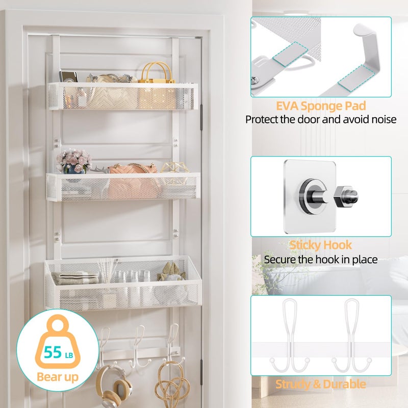 Upesitom Over Door Hook Organizer 12 Hook Over The Door Organizer with 3 Mesh Baskets - Back of Door Storage Towel Rack Space Saving Storage Organizer for Bedroom, Bathroom, Kitchen, Pantry, White - Image 3
