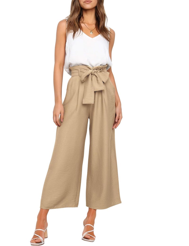 FANCYINN Womens 2 Piece Crop Pants Set V Neck Tank Wide Strap Tops High Waisted Cropped Paper Bag Pants with Belt Khaki S - Image 1