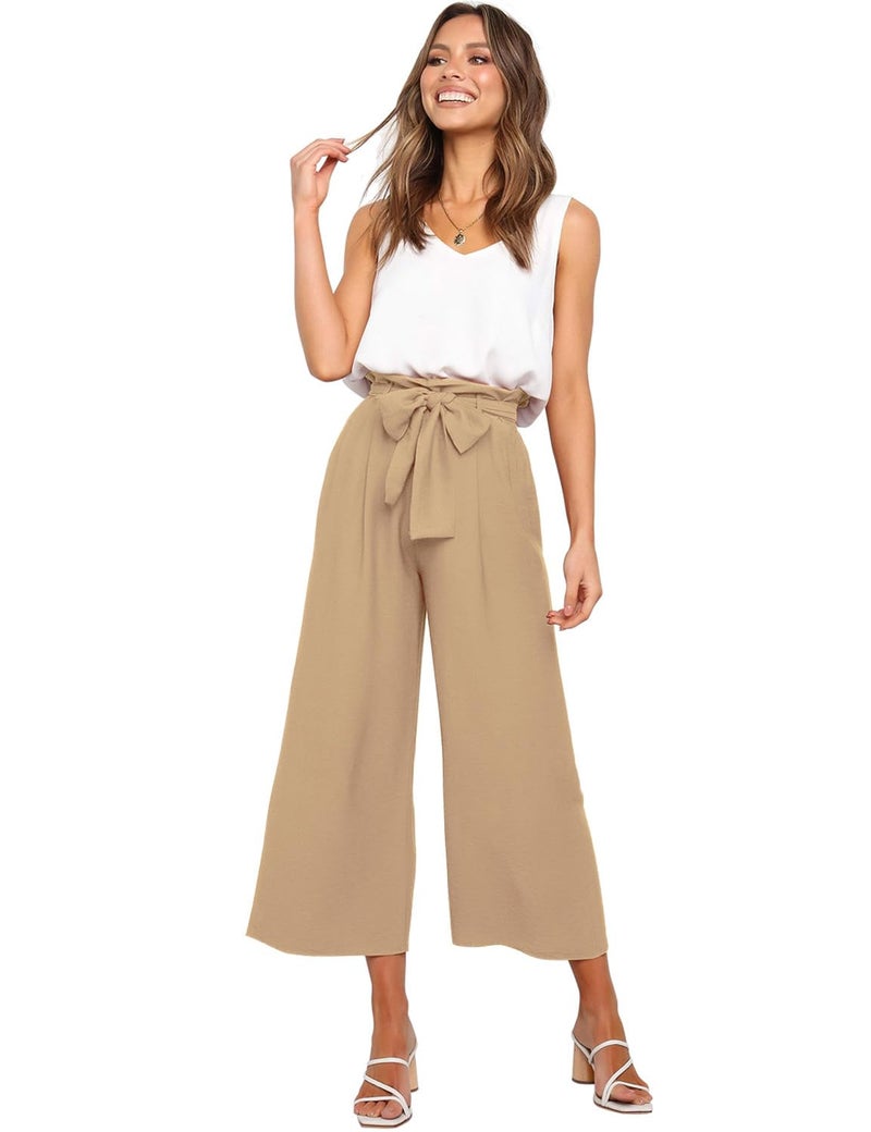 FANCYINN Womens 2 Piece Crop Pants Set V Neck Tank Wide Strap Tops High Waisted Cropped Paper Bag Pants with Belt Khaki S - Image 4