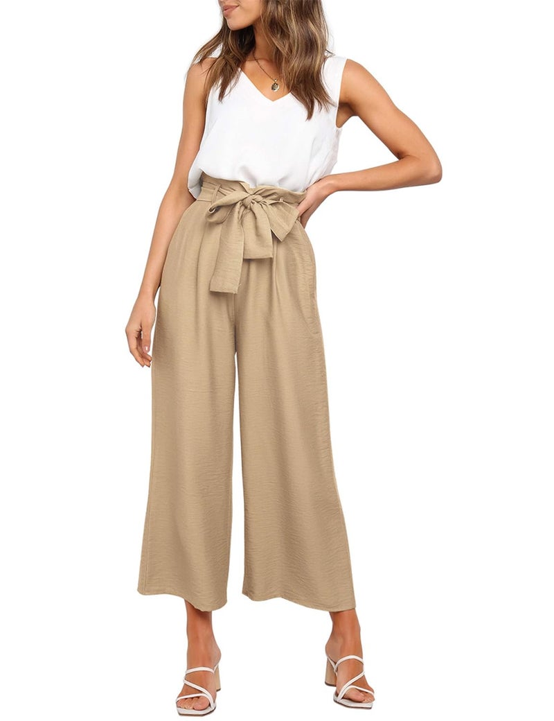 FANCYINN Womens 2 Piece Crop Pants Set V Neck Tank Wide Strap Tops High Waisted Cropped Paper Bag Pants with Belt Khaki S - Image 2