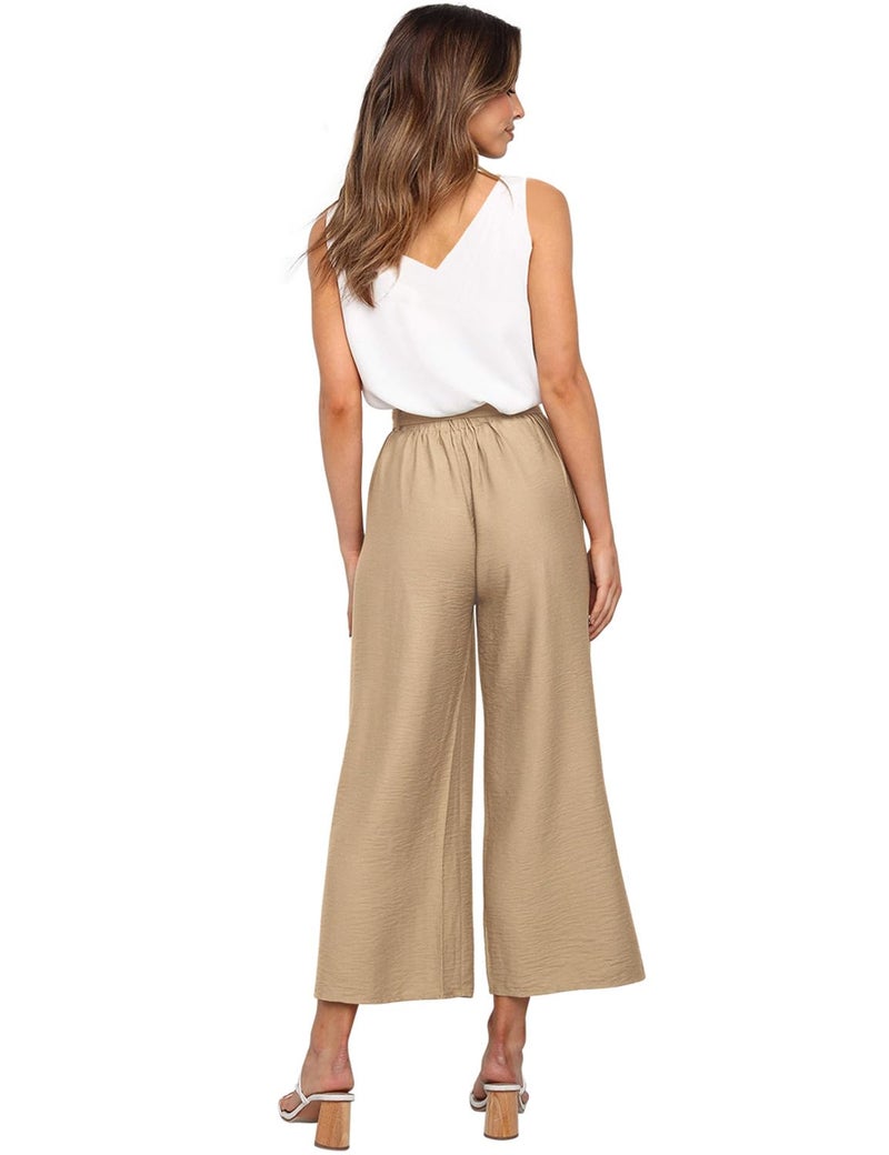 FANCYINN Womens 2 Piece Crop Pants Set V Neck Tank Wide Strap Tops High Waisted Cropped Paper Bag Pants with Belt Khaki S - Image 5