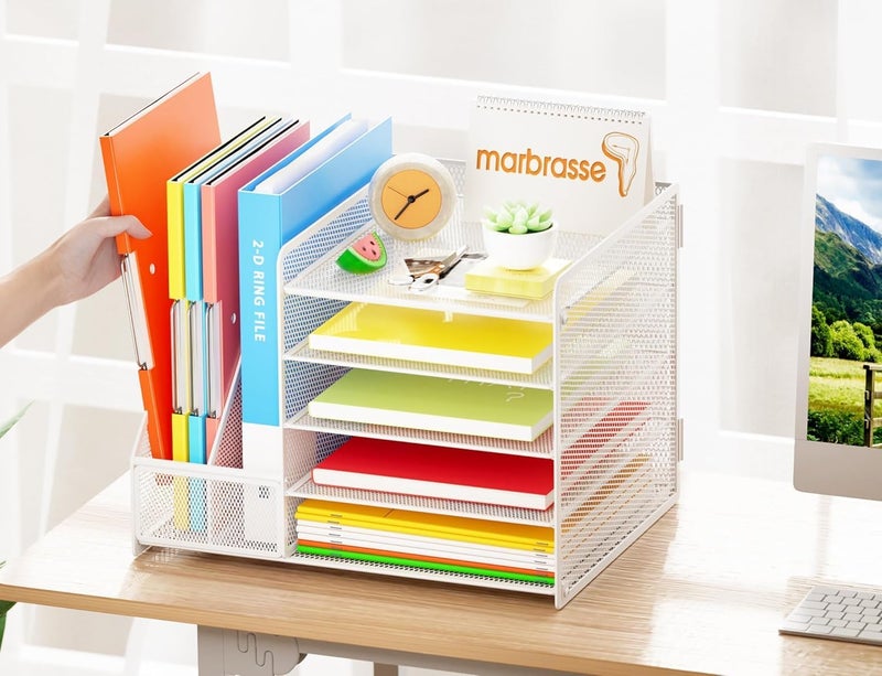 Marbrasse Desk Organiser with File Holder, 5 Tier Paper Letter Tray, Desk Mesh Storage Compartments Organiser with for Office Needs (White, No Drawer) - Image 2