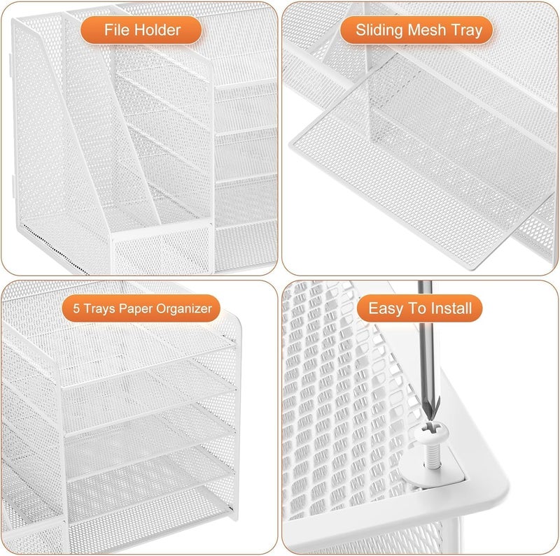 Marbrasse Desk Organiser with File Holder, 5 Tier Paper Letter Tray, Desk Mesh Storage Compartments Organiser with for Office Needs (White, No Drawer) - Image 3