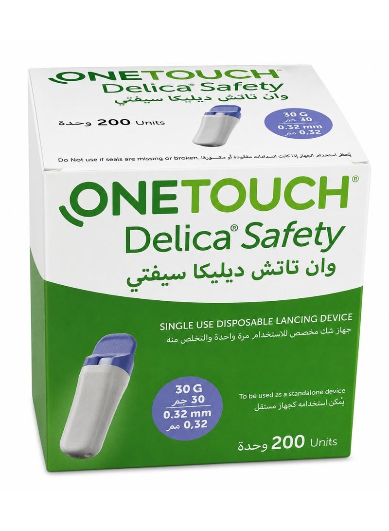 ون تاتش أبر وخز وان تاتش ديليكا سيفتي OneTouch Delica Safety مقاس 30G سمك 0.32 مم | جهاز شك طبي آمن للاستخدام مرة واحدة - عبوة 200 قطعة (جودة عالمية من LifeScan) - Image 1