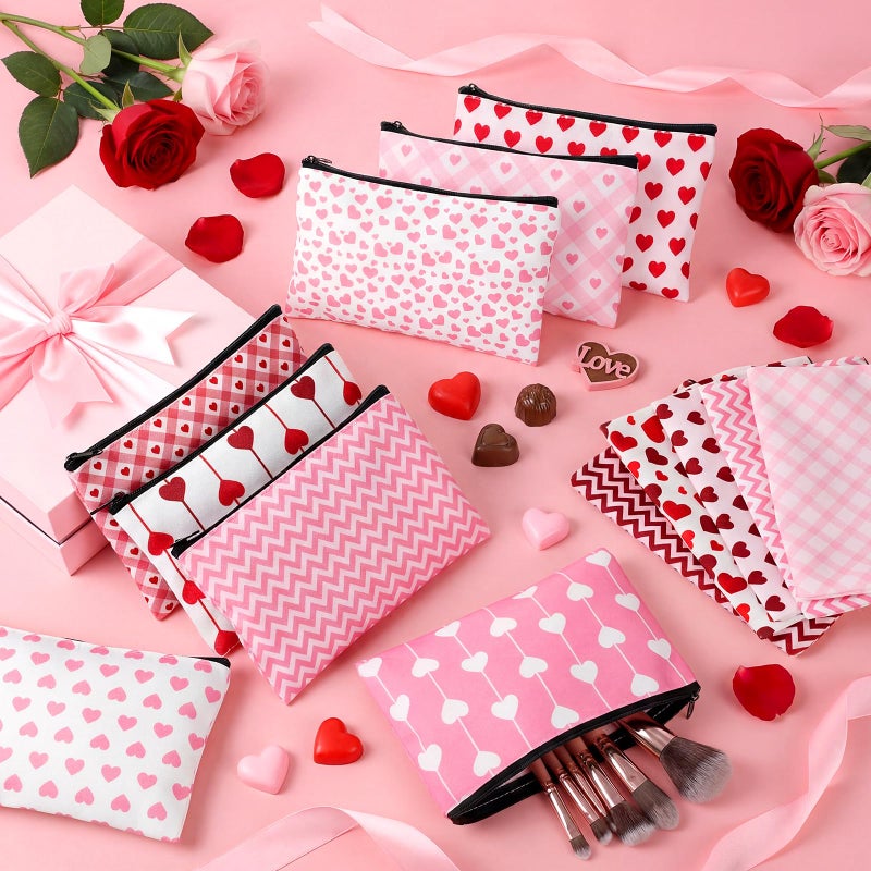 Shinylin 24 Pcs Valentine's Day Makeup Bags Bulk Galentine's Day Gifts for Women Canvas Cosmetic Bags with Zipper Heart Pink Stripes Plaid Wave Patterns Bag Valentine's Party Favors - Image 2