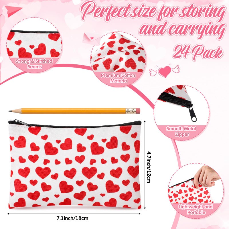 Shinylin 24 Pcs Valentine's Day Makeup Bags Bulk Galentine's Day Gifts for Women Canvas Cosmetic Bags with Zipper Heart Pink Stripes Plaid Wave Patterns Bag Valentine's Party Favors - Image 3