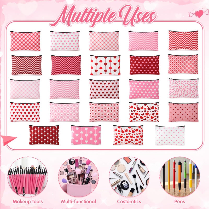Shinylin 24 Pcs Valentine's Day Makeup Bags Bulk Galentine's Day Gifts for Women Canvas Cosmetic Bags with Zipper Heart Pink Stripes Plaid Wave Patterns Bag Valentine's Party Favors - Image 4