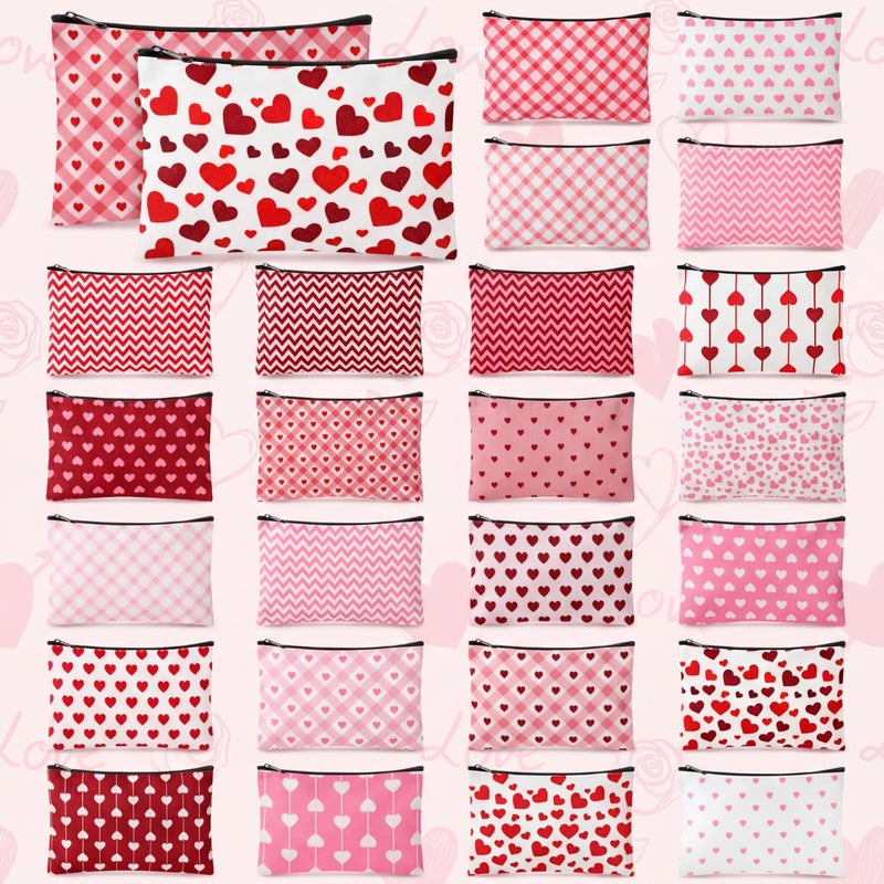 Shinylin 24 Pcs Valentine's Day Makeup Bags Bulk Galentine's Day Gifts for Women Canvas Cosmetic Bags with Zipper Heart Pink Stripes Plaid Wave Patterns Bag Valentine's Party Favors - Image 1
