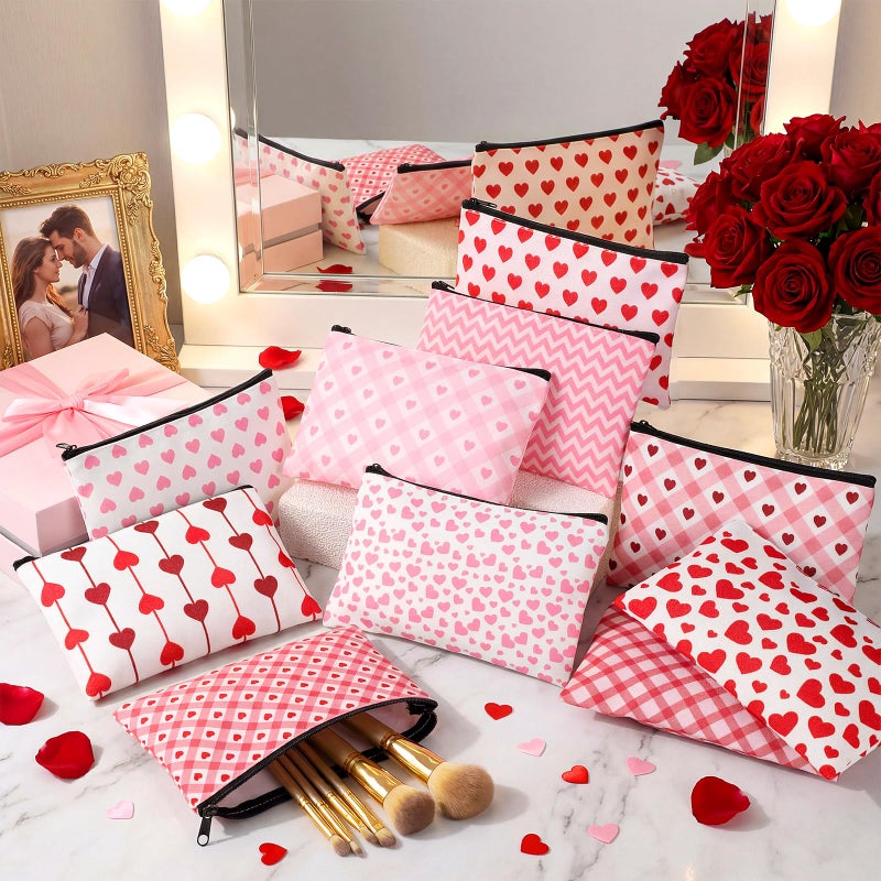 Shinylin 24 Pcs Valentine's Day Makeup Bags Bulk Galentine's Day Gifts for Women Canvas Cosmetic Bags with Zipper Heart Pink Stripes Plaid Wave Patterns Bag Valentine's Party Favors - Image 5