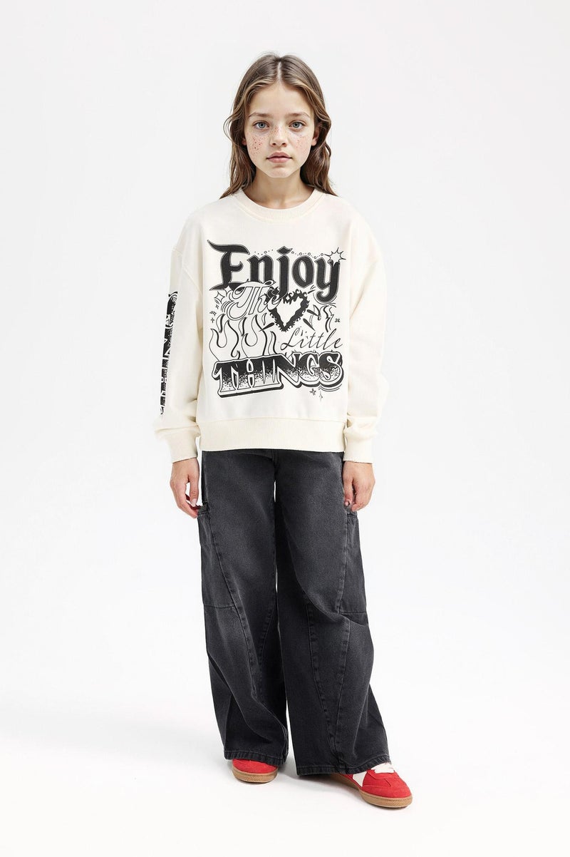 DeFacto Beige Girl Girl Oversize Mold Crew Neck Sweatshirt Casual - Image 2