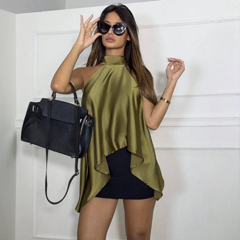 Women's Halter Neck Sleeveless Blouse Solid Green Summer 2026 - Image 4