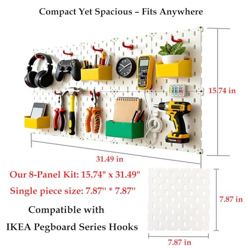 Kulle Peg Board,8 Pack Pegboard Wall Organizer,Plastic Pegboard Panels,Easy Install Heavy Duty Peg Board for Walls Home, Garage Tool Storage, Office Organization, Craft Room, Kitchen(White) - Image 3
