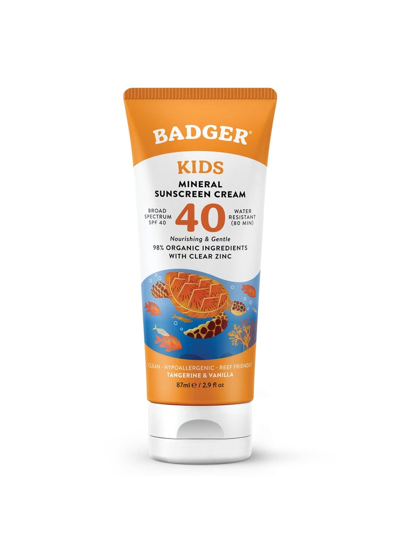 Badger Badger Kids Mineral Sunscreen Cream SPF 40, 98% Organic Ingredients, Zinc Oxide Sunscreen for Kids Face & Body, Water Resistant, Reef Friendly, Hawaii Approved Broad Spectrum Sunblock, 2.9 fl oz 