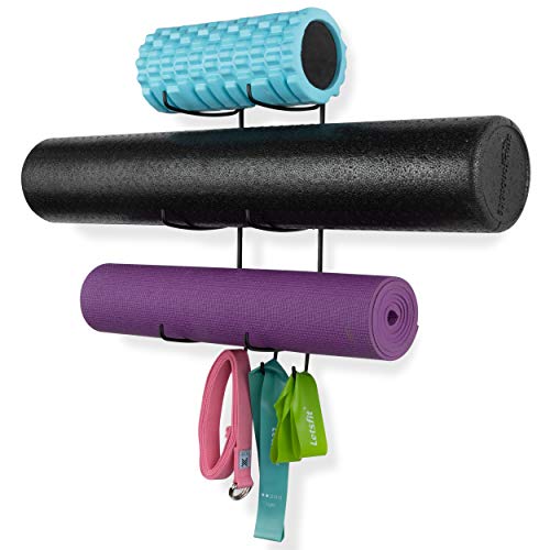 Wallniture Guru Wall Mount Yoga Mat Home Gym Equipment Resistance Bands and Foam Roller Holder with 3 Hooks 3 Sectional Metal Black - Image 1