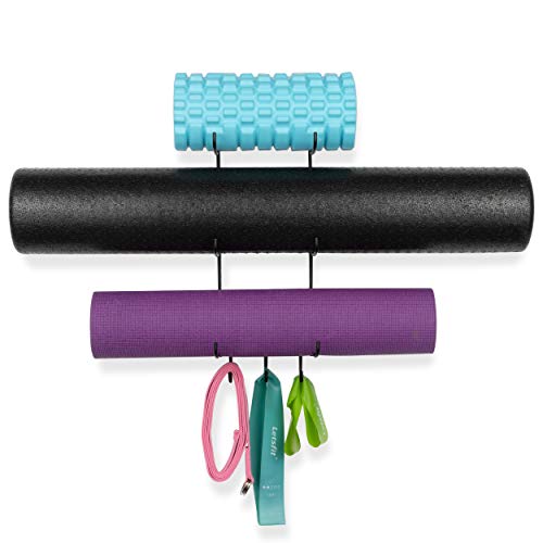 Wallniture Guru Wall Mount Yoga Mat Home Gym Equipment Resistance Bands and Foam Roller Holder with 3 Hooks 3 Sectional Metal Black - Image 3