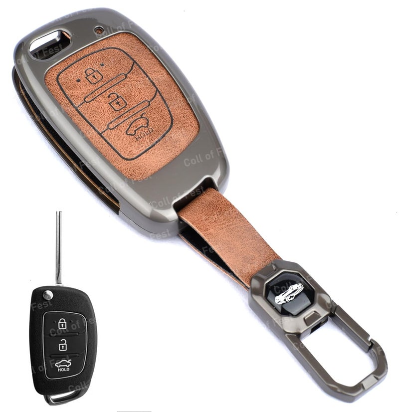 Coll of Fest Exclusive Metal Leather Key Cover Compatible with Hyundai Creta, Venue, Tucson, Alcazar, i20, Grand i10 Nios, Aura, Xcent, Exter 3 Button Smart Flip Key Leather Protection with Keychain