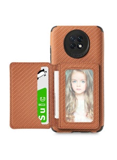 HuHa Case Cover For Xiaomi Redmi Note 9 5G Carbon Fiber Magnetic Card Bag TPU+PU Shockproof Back Cover Case with Holder & Card Slot & Photo Frame Brown 