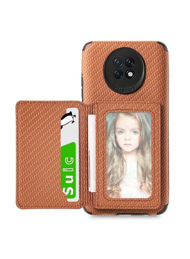 HuHa Case Cover For Xiaomi Redmi Note 9 5G Carbon Fiber Magnetic Card Bag TPU+PU Shockproof Back Cover Case with Holder & Card Slot & Photo Frame Brown 