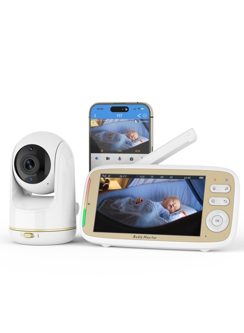 شاشة مراقبة فيديو للأطفال بدقة عالية 720 بكسل مقاس 5 بوصات مزودة بكاميرا، وتقليل تلقائي للضوضاء، وتكبير PTZ 3 مرات، ورؤية ليلية، وعرض درجة الحرارة - Image 1