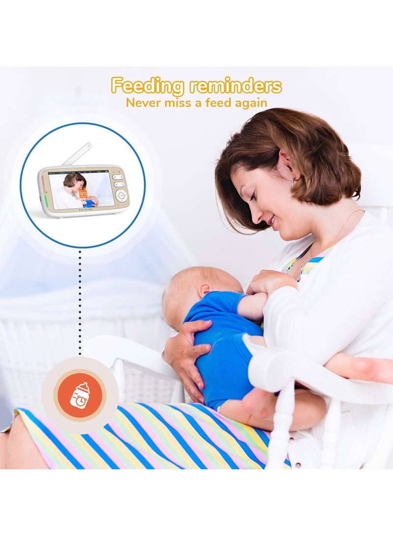شاشة مراقبة فيديو للأطفال بدقة عالية 720 بكسل مقاس 5 بوصات مزودة بكاميرا، وتقليل تلقائي للضوضاء، وتكبير PTZ 3 مرات، ورؤية ليلية، وعرض درجة الحرارة - Image 3