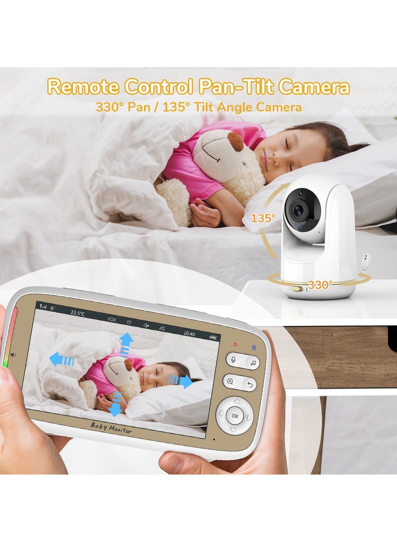 شاشة مراقبة فيديو للأطفال بدقة عالية 720 بكسل مقاس 5 بوصات مزودة بكاميرا، وتقليل تلقائي للضوضاء، وتكبير PTZ 3 مرات، ورؤية ليلية، وعرض درجة الحرارة - Image 5