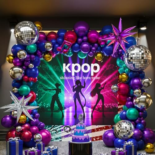 kozee Chrome Balloon grad Balloon garland Arch Kit 130pcs disco party decorations with Metallic purple teal red hot pink Blue &disco ball balloons for 80s 90s birthday kpop music graduation decorations - Image 1