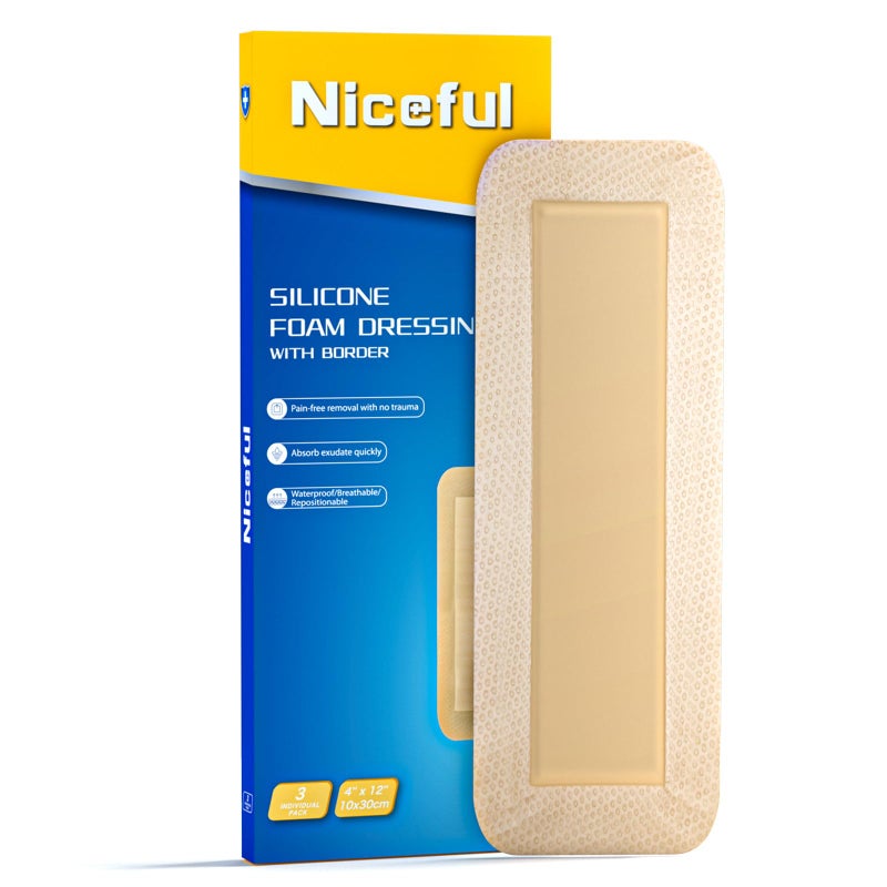 Niceful Ultra Soft Silicone Foam Dressing 4" x 12" - Large Bandages for Wounds, Highly Absorbent Waterproof Bandages for Bed Sores, Leg Ulcers, Knee Surgery 3 Count - Image 1