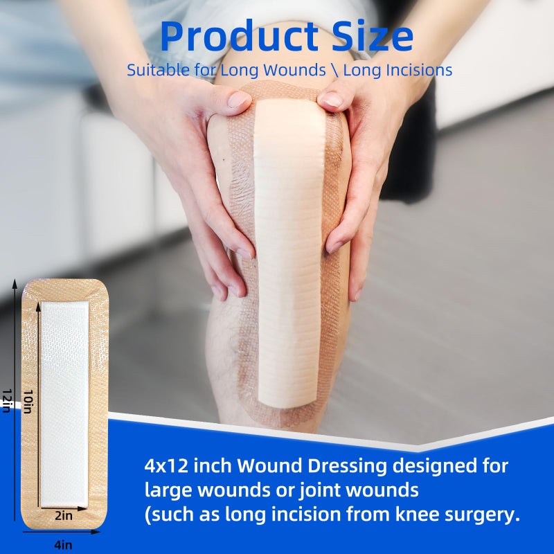 Niceful Ultra Soft Silicone Foam Dressing 4" x 12" - Large Bandages for Wounds, Highly Absorbent Waterproof Bandages for Bed Sores, Leg Ulcers, Knee Surgery 3 Count - Image 4