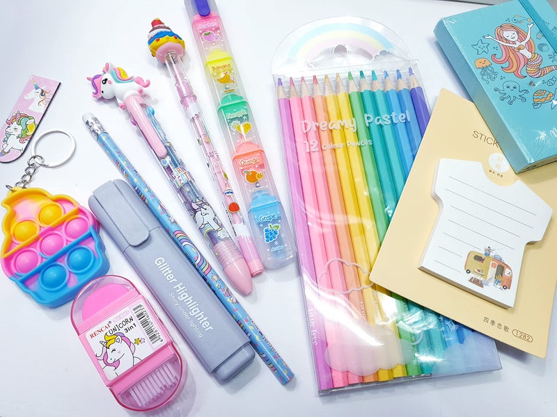 Trusmile Unicorn Stationery Hamper Gift Combo with Colour Pencils Diary Sticky Note Keychain Pen Highlighter (Combo of 12) - Image 5