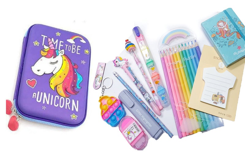 Trusmile Unicorn Stationery Hamper Gift Combo with Colour Pencils Diary Sticky Note Keychain Pen Highlighter (Combo of 12) - Image 1