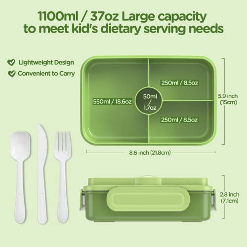 Jelife Bento Box Kids Lunch Box - Large Bento-Style Leakproof with 4 Compartments Food Storage Container with Tableware for Kids Back to School, Reusable On-the-Go Meal and Snack Packing, Green - Image 4