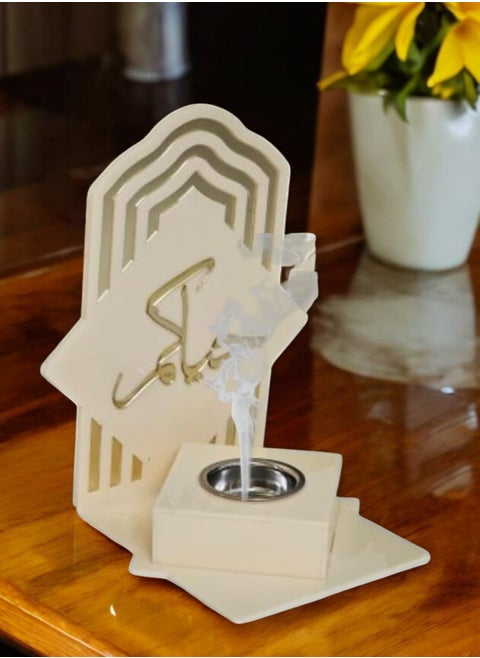 "A beige acrylic incense burner and diffuser with a stand with a distinctive design and the phrase 'Welcome' - Dimensions: 8 cm width, 10 cm length, 20 cm height."
