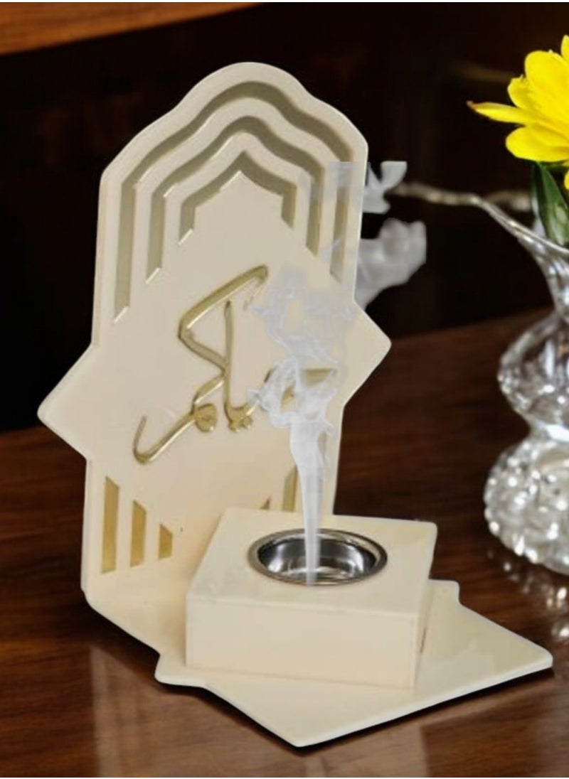 "A beige acrylic incense burner and diffuser with a stand with a distinctive design and the phrase 'Welcome' - Dimensions: 8 cm width, 10 cm length, 20 cm height."