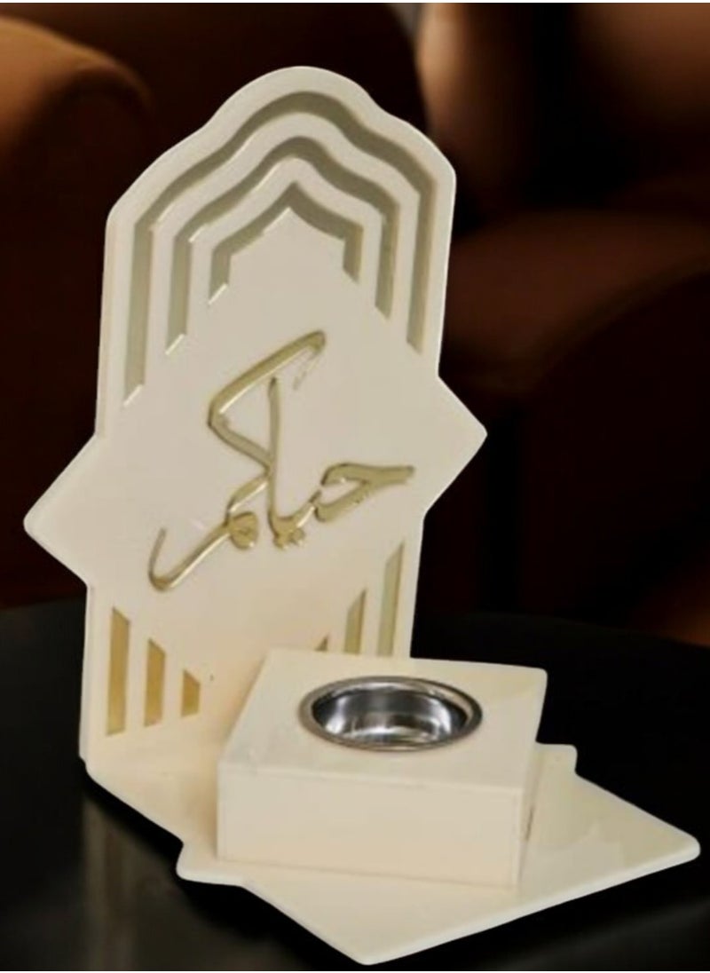 "A beige acrylic incense burner and diffuser with a stand with a distinctive design and the phrase 'Welcome' - Dimensions: 8 cm width, 10 cm length, 20 cm height."