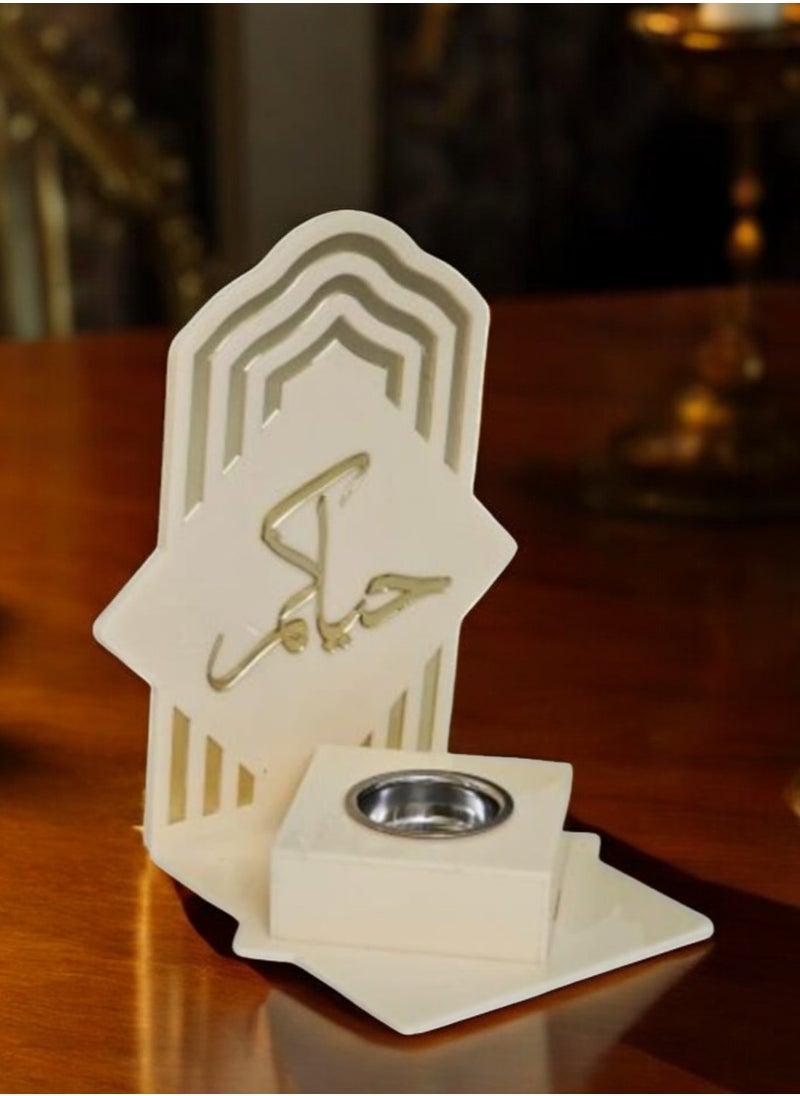 "A beige acrylic incense burner and diffuser with a stand with a distinctive design and the phrase 'Welcome' - Dimensions: 8 cm width, 10 cm length, 20 cm height."