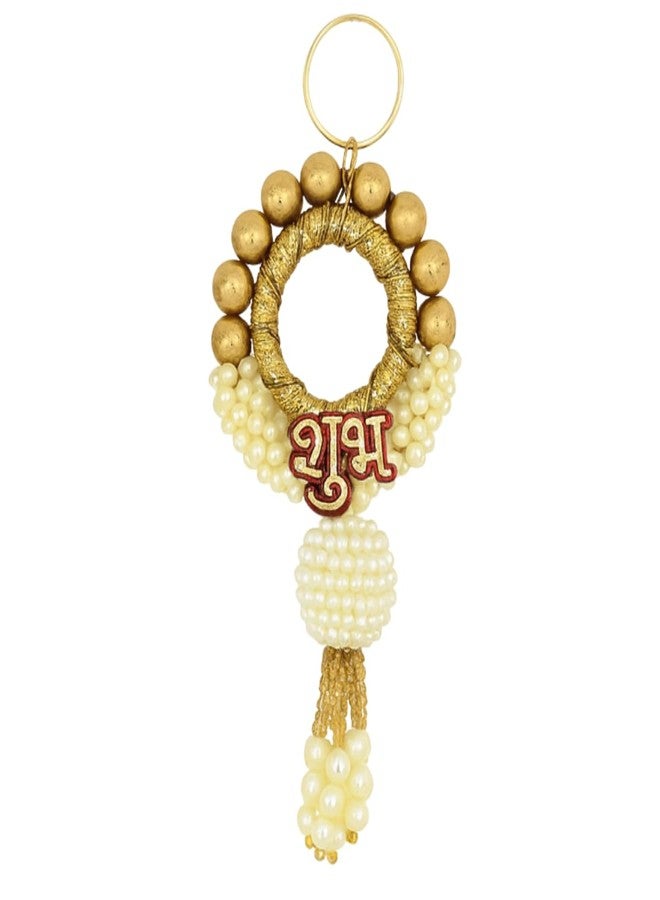 JWELLA Golden & Pearl Shubh Labh Decorative Door Hanging Toran with Bead Design & Tassels, Traditional Wall Hanging for Diwali & Pooja Room Décor - Image 4