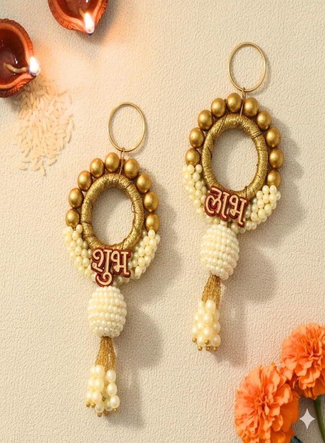 JWELLA Golden & Pearl Shubh Labh Decorative Door Hanging Toran with Bead Design & Tassels, Traditional Wall Hanging for Diwali & Pooja Room Décor - Image 1