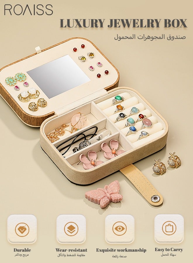 رويس صندوق تخزين مجوهرات منحوت مجوف محمول صغير وخفيف الوزن بطبقة مزدوجة مقصورات متعددة سطح المكتب صندوق مجوهرات مستطيل للسيدات للسفر بني / بيج - Image 2