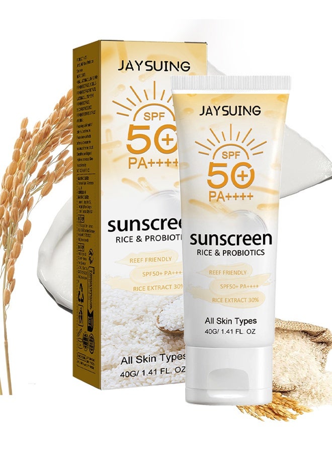 Jaysuing Rice & Probiotics Sunscreen SPF 50+ pa++++,Moisturizing Sunscreen Protect skin, Prevent UV Damage,Rice Probiotics Nourish & Whitening Skin 40g - Image 1