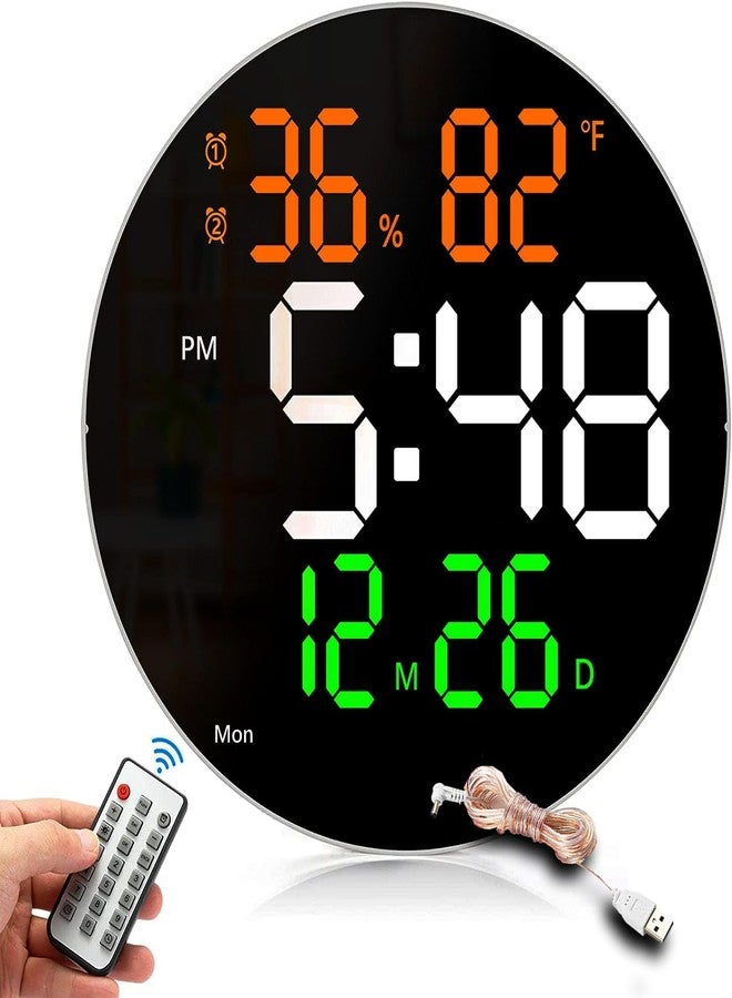 SEVENSPACE Round Plastic Digital Wall Clock with Remote Control & Alarm for Home Décor Office 12/24 Hours Temperature Humidity Date Week Silent Electronic Digital Wall Clock (Round) - Image 1