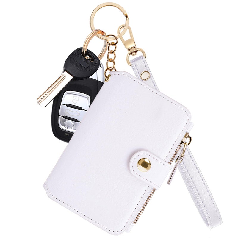 M-Plateau Wallet, Womens card Holder Leather Keychain Wallet With Zipper Coin Pocket ID Window Wrist Strap Gift Box (White) - Image 1