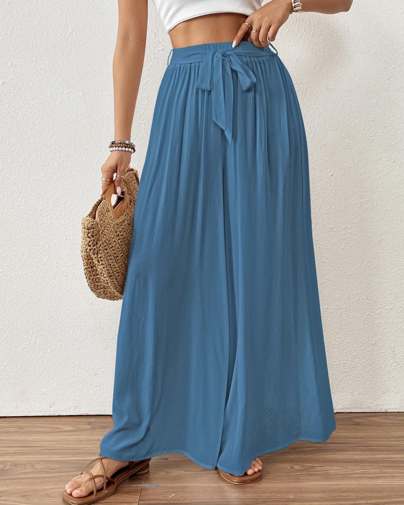 Bsubseach Wide Leg Pants Woman Flowy Floral Palazzo Pants for Women High Waisted Summer Casual Trousers Cruise Outfits Hazy Blue M - Image 5