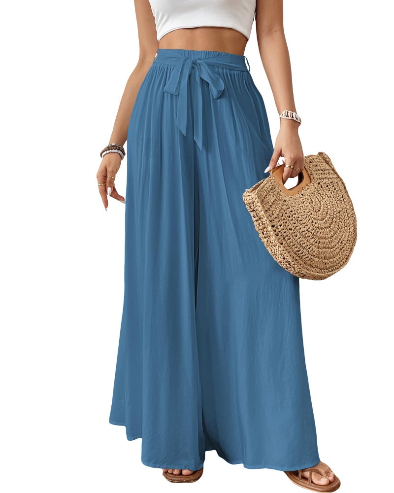 Bsubseach Wide Leg Pants Woman Flowy Floral Palazzo Pants for Women High Waisted Summer Casual Trousers Cruise Outfits Hazy Blue M - Image 1