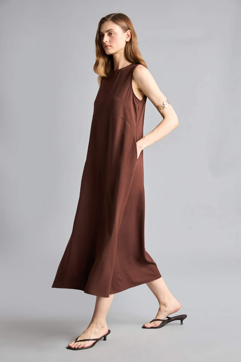 Defacto Crew Neck Linen Blended Sleeveless Maxi Dress