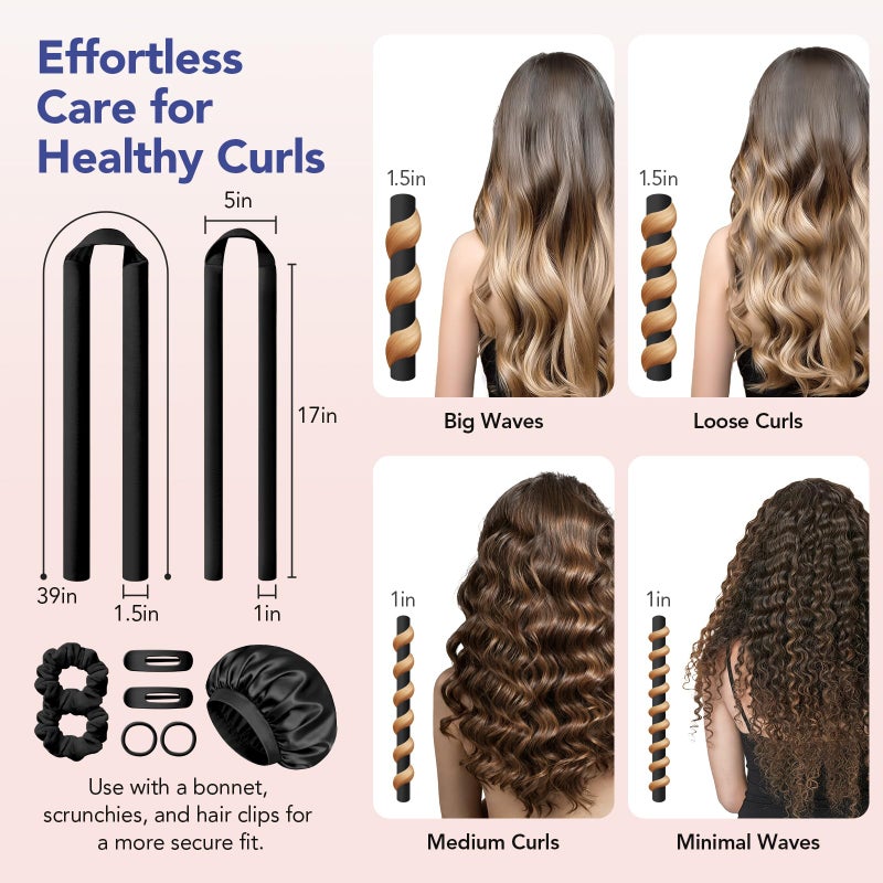 LitBear Heatless Curls Overnight, 2 Sizes of Soft Hair Rollers for Women with Bonnet to Sleep In, No Heat Hair Curlers Set with Scrunchies and Clips, for Long and Medium Hair (Black) - Image 3