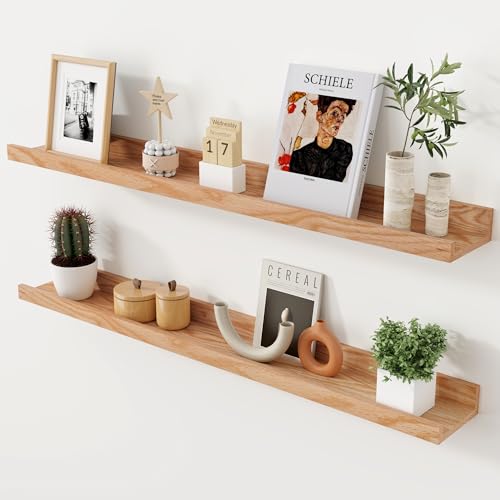 Axeman Oak Picture Ledge Shelf 36 Inch Floating Shelves Set of 2 Solid Oak Wood Wall Shelves with Lip Wall Decor Storage for Bedroom Living Room Bathroom Kitchen Nursery Photo Picture Natural Oak - Image 1