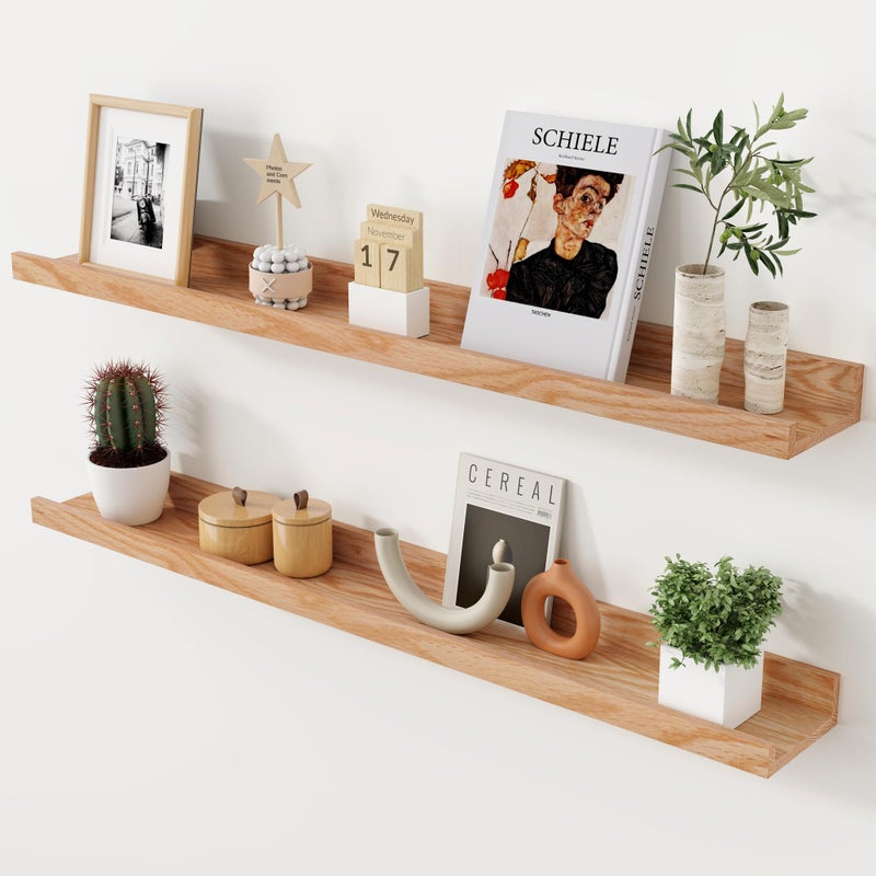 Axeman Oak Picture Ledge Shelf 36 Inch Floating Shelves Set of 2 Solid Oak Wood Wall Shelves with Lip Wall Decor Storage for Bedroom Living Room Bathroom Kitchen Nursery Photo Picture Natural Oak - Image 2