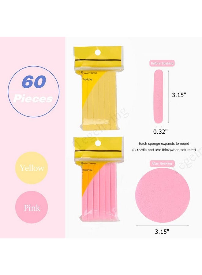 Tegelrying Facial Sponge Compressed,60 Pieces Professional Makeup Removal Round Face Wash Sponges PVA Spa Pads Exfoliating Cleansing for Women,Yellow,Pink - Image 2