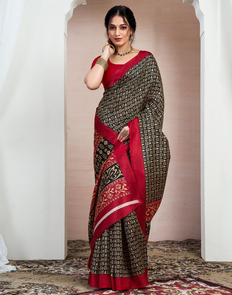 SIRIL Women's Cotton Printed Saree With Unstitched Blouse Piece (4161S244_Black) - Image 3